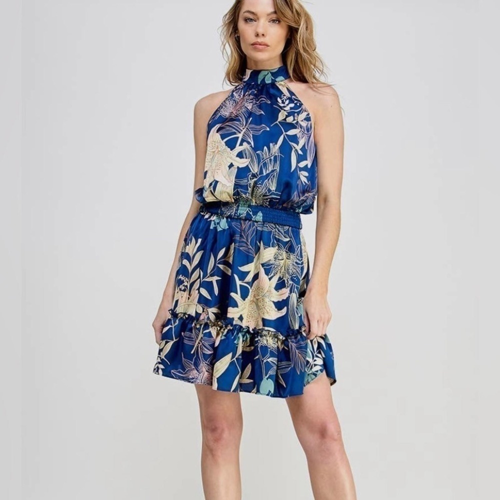 NWT Sweet Lemon Size L Blue Floral Halter Mock Neck Smock‎ Waist Mini Dress